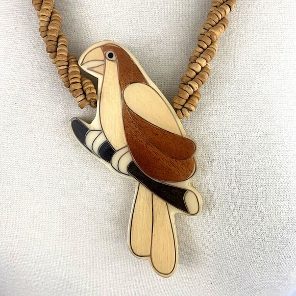 Chunky Parrot Pendant Necklace Bird Large Big Statement Bold Beaded Vintage - Picture 2 of 5